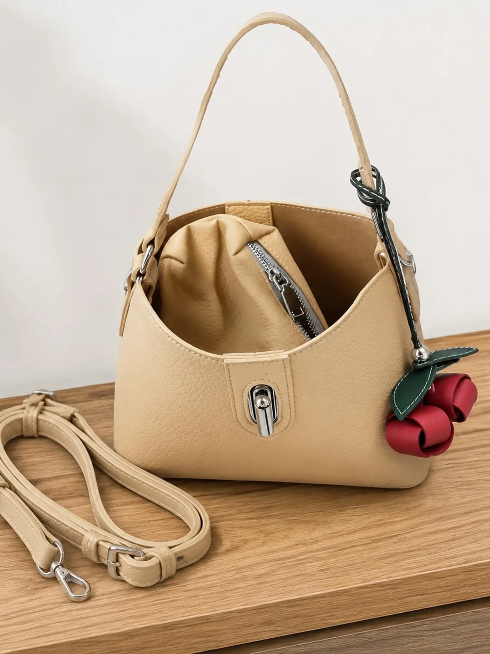 Beige Leatherette Shoulder Bag with Flower Charm